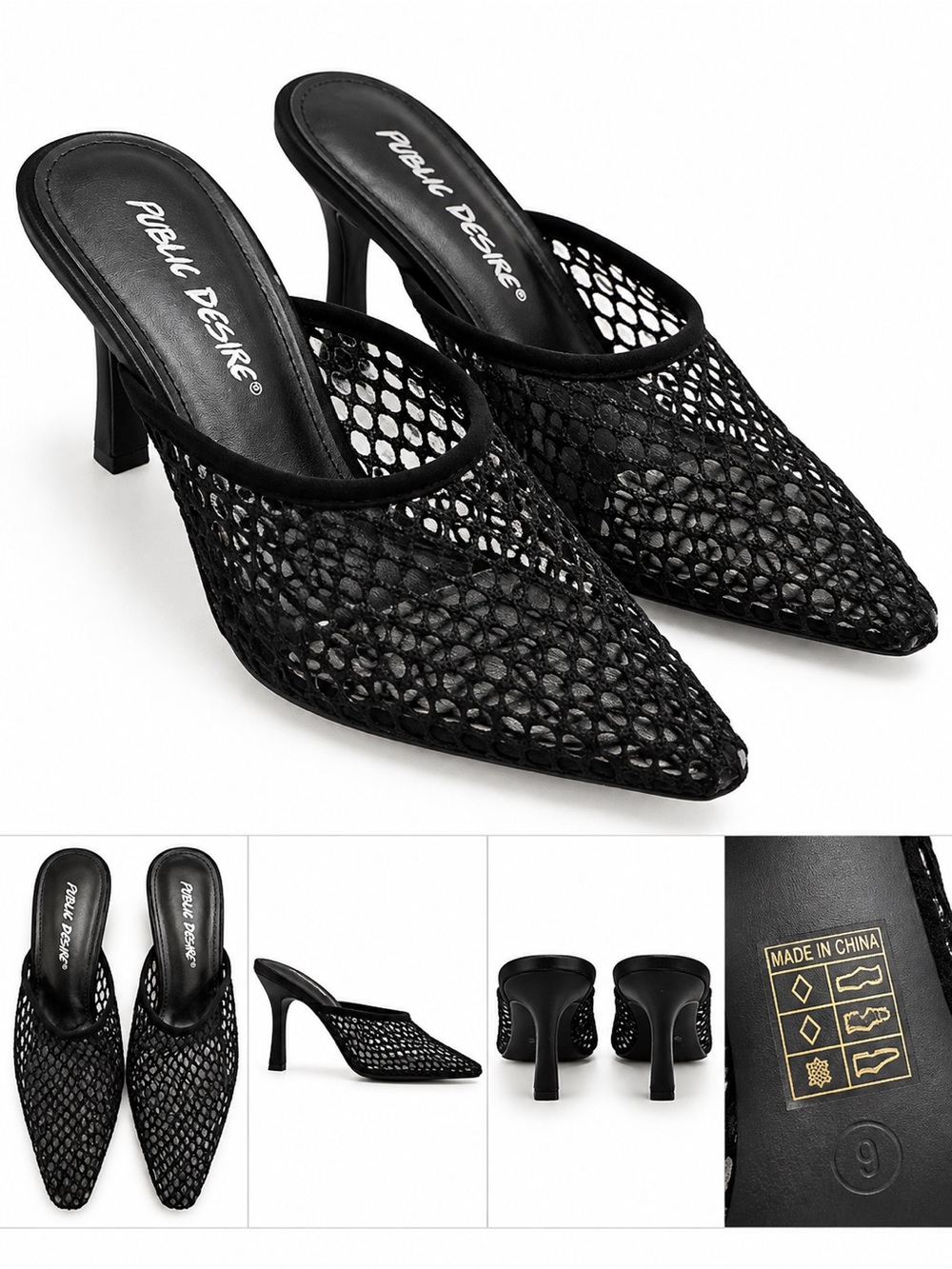 Public Desire Black Mesh Pointed Mule Heels